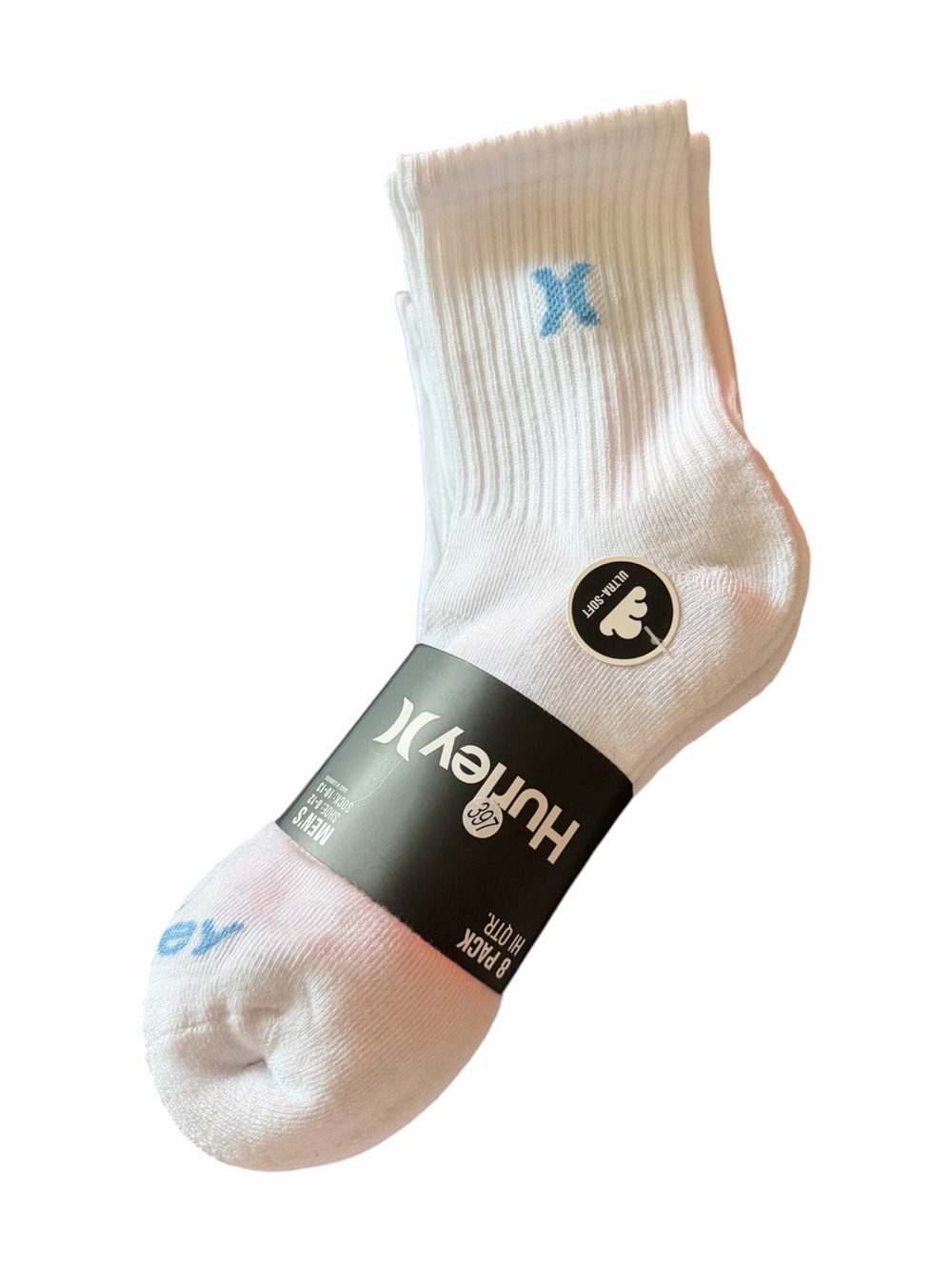 NWT-Hurley Men's White Crew Socks with Hurley Logo - 8 Pack